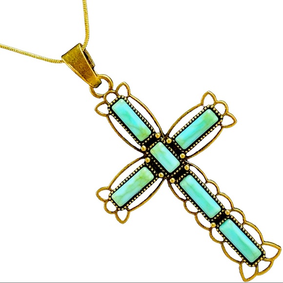 Gold & turquoise large cross pendant necklace with gold chain - Picture 3 of 7